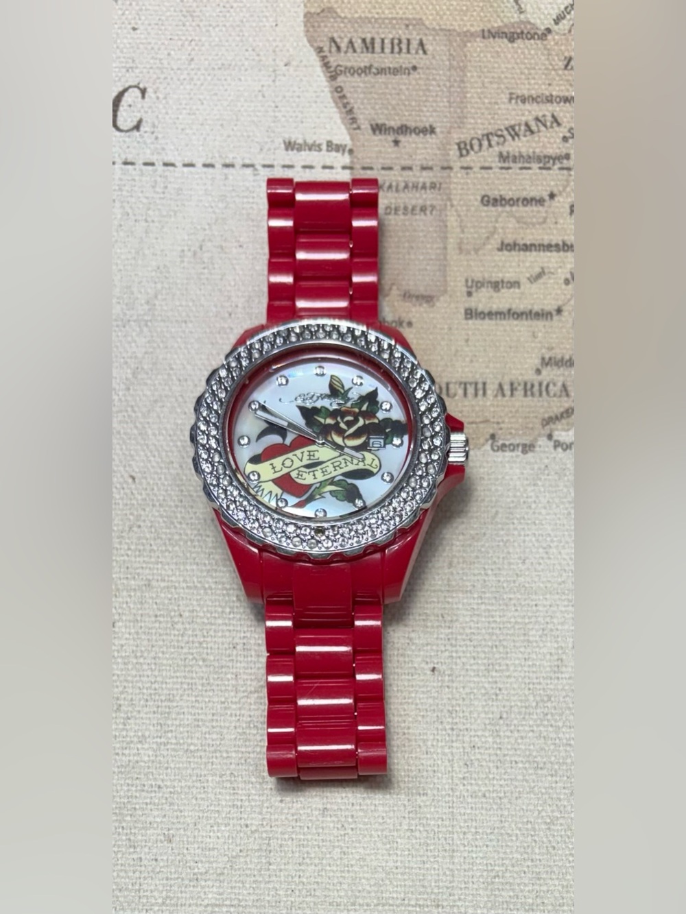 Men’s ED Hardy Quartz Watch 30m Red Plastic Rhinestone Analog New Battery